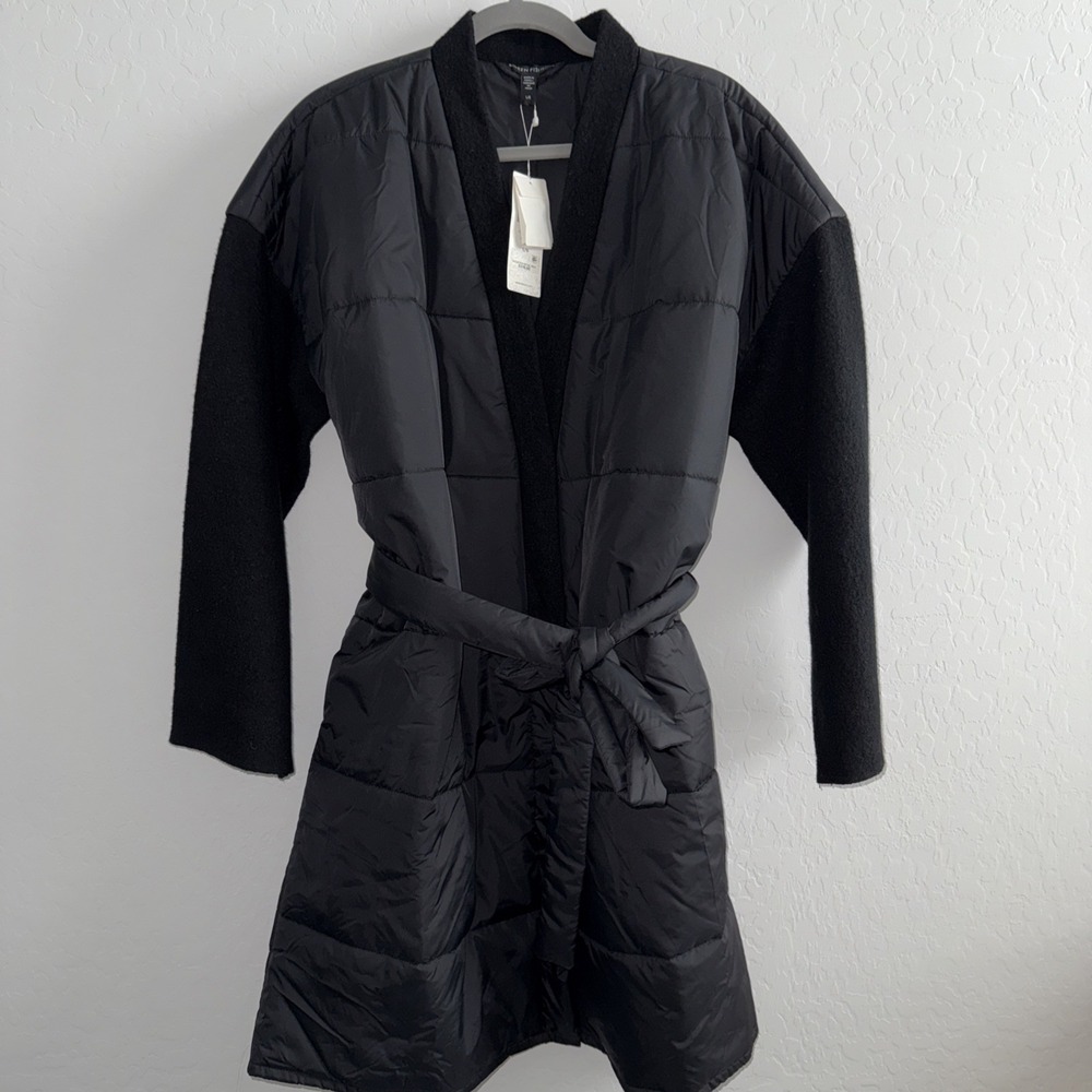 Eileen Fisher Black Quilted Mixed Media Boiled Wool‎ Sleeve Wrap Coat L
